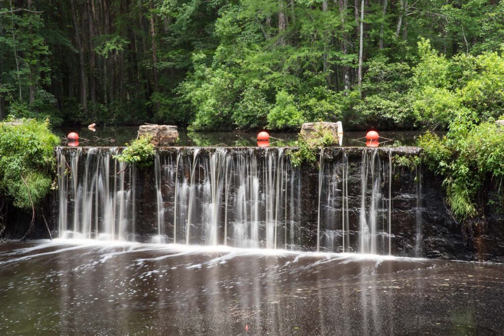 A waterfall at the millpond dam in Wendell, NC